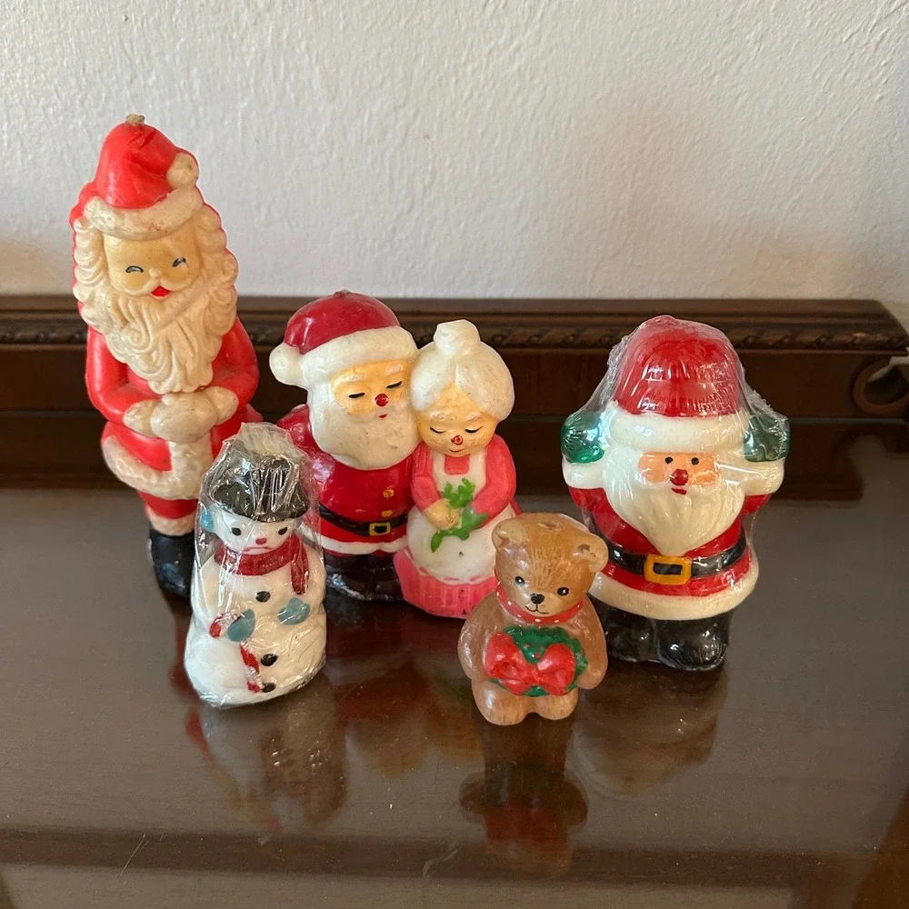 Vintage Christmas Candle Lot Santa Claus Mr Mrs Claus Snowman Teddy Bear 5pc